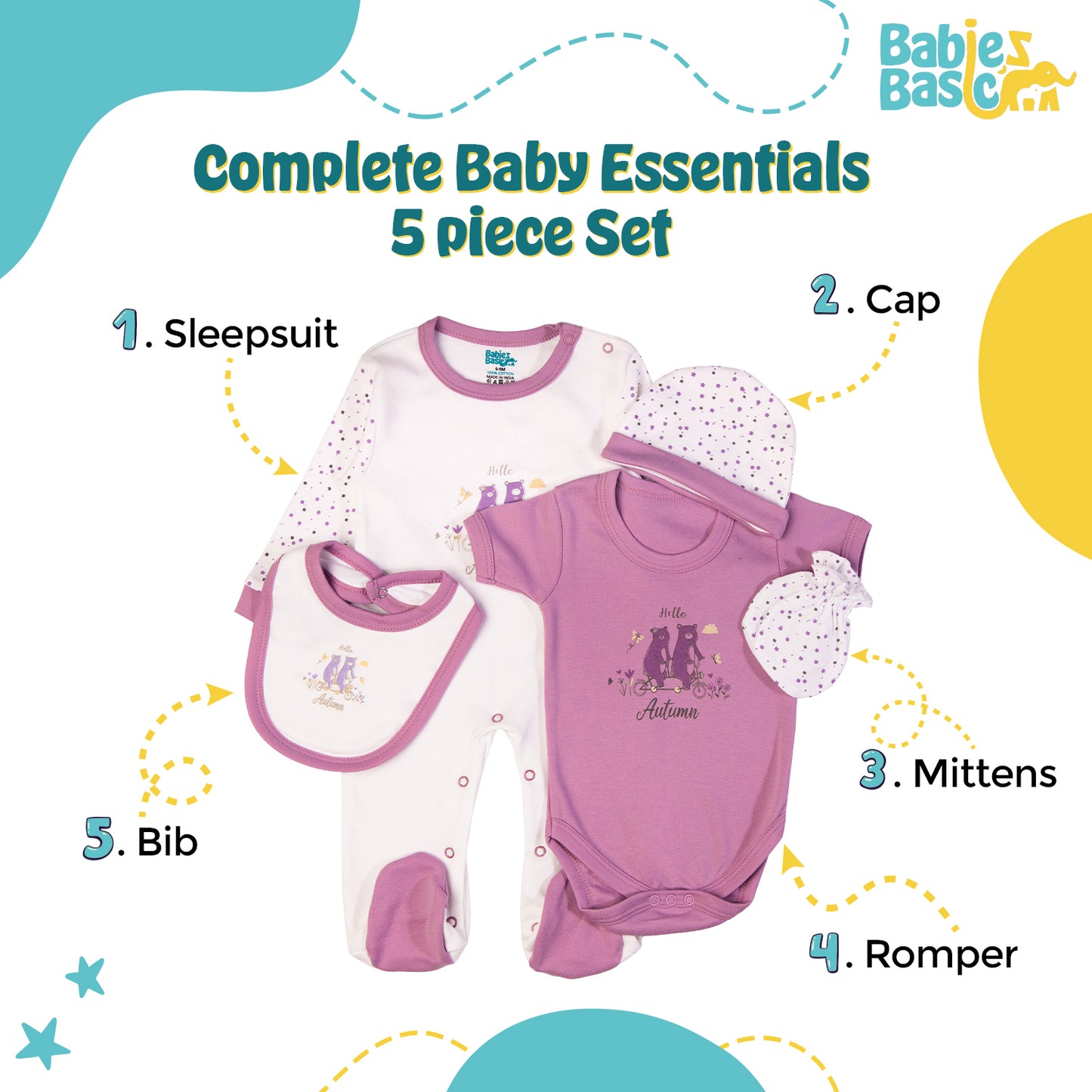 Babiesbasic 5 piece cotton Set include Bib, Romper, Mittens, cap and Sleepsuit- Hello Autumn, 3-6 Months , Dark Mouve