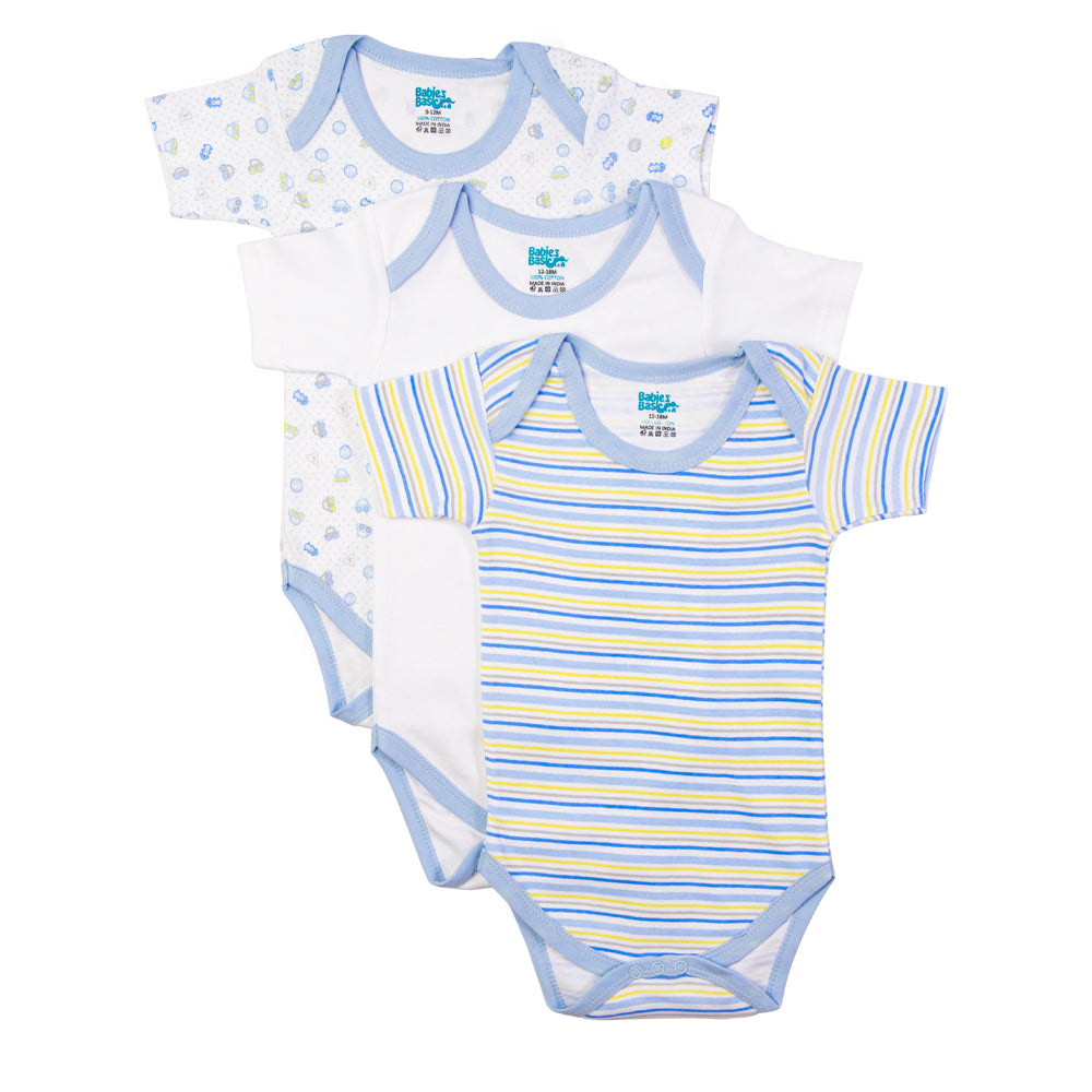 Babies Basic Printed Romper - Pack of 3, 3-6 Months , Multi Color