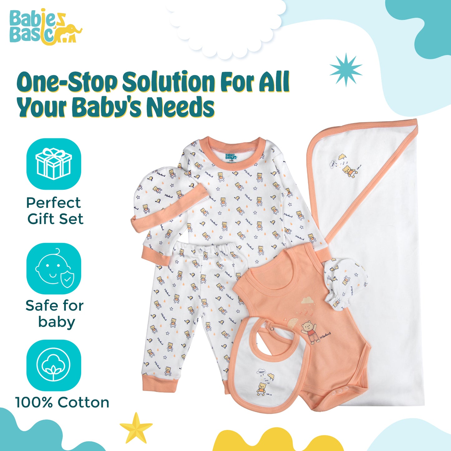 BabiesBasic 7 piece unisex 100% cotton Gift Set include bib, blanket, mitten, cap, romper, top and bottom set, 3-6 Months , Rose