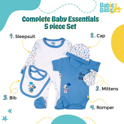 Babiesbasic 5 piece cotton Set include Bib, Romper, Mittens, cap and Sleepsuit- Always be brave, 9-12 Months , Blue