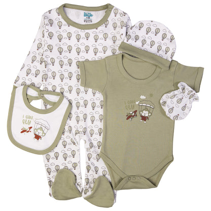 Babiesbasic 5 piece cotton Set include Bib, Romper, Mittens, cap and Sleepsuit- I can Fly, 9-12 Months , Green