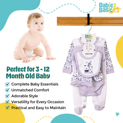 Babiesbasic 5 piece cotton Set include Bib, Romper, Mittens, cap and Sleepsuit- Rain, 6-9 Months , Purple