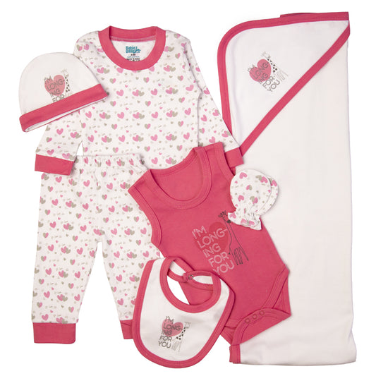 BabiesBasic 7 piece unisex 100% cotton Gift Set include bib, blanket, mitten, cap, romper, top and bottom set, 3-6 Months , Pink