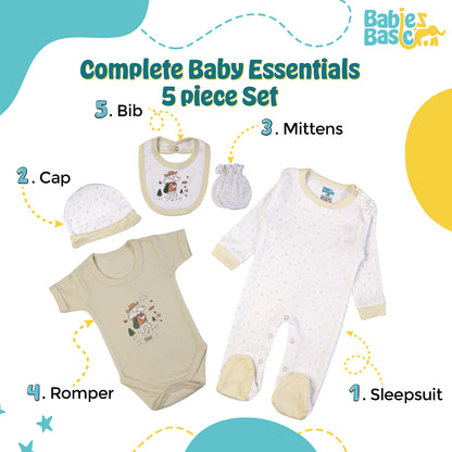 Babiesbasic 5 piece cotton Set include Bib, Romper, Mittens, cap and Sleepsuit- Be Brave, 3-6 Months , Green