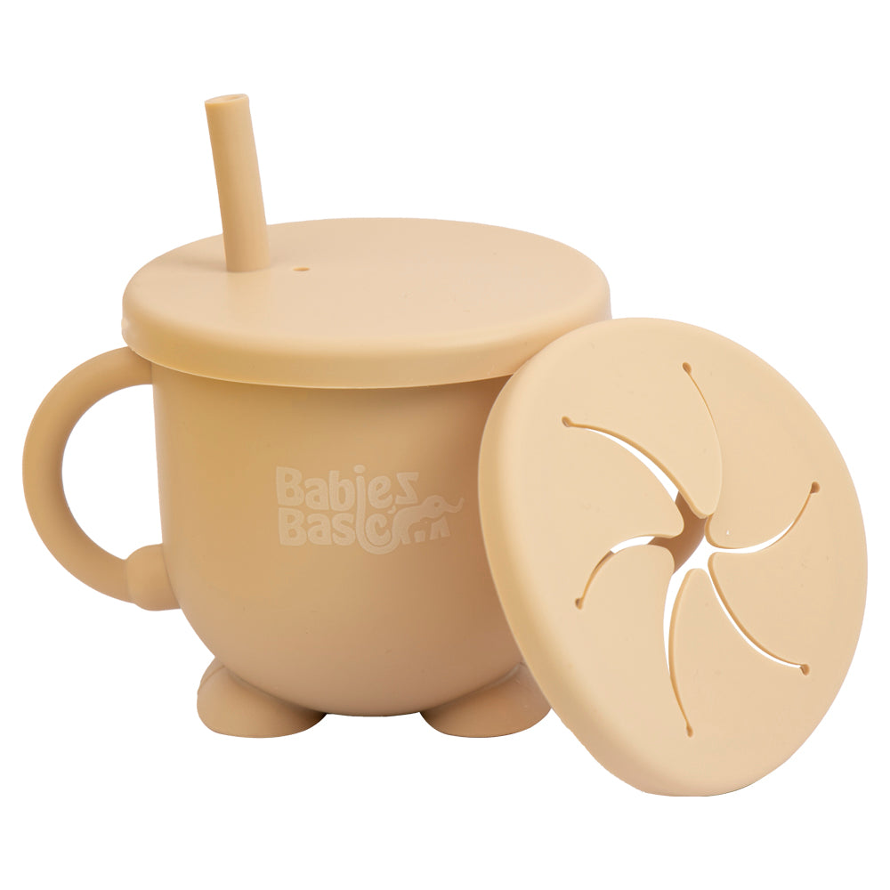 BabiesBasic Multi Purpose 2 in 1 Silicone Cup with Straw or a Snack Lid - Beige