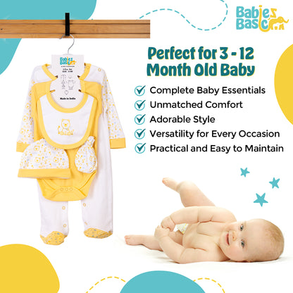 Babiesbasic 5 piece cotton Set include Bib, Romper, Mittens, cap and Sleepsuit- Teddy, 3-6 Months , Yellow