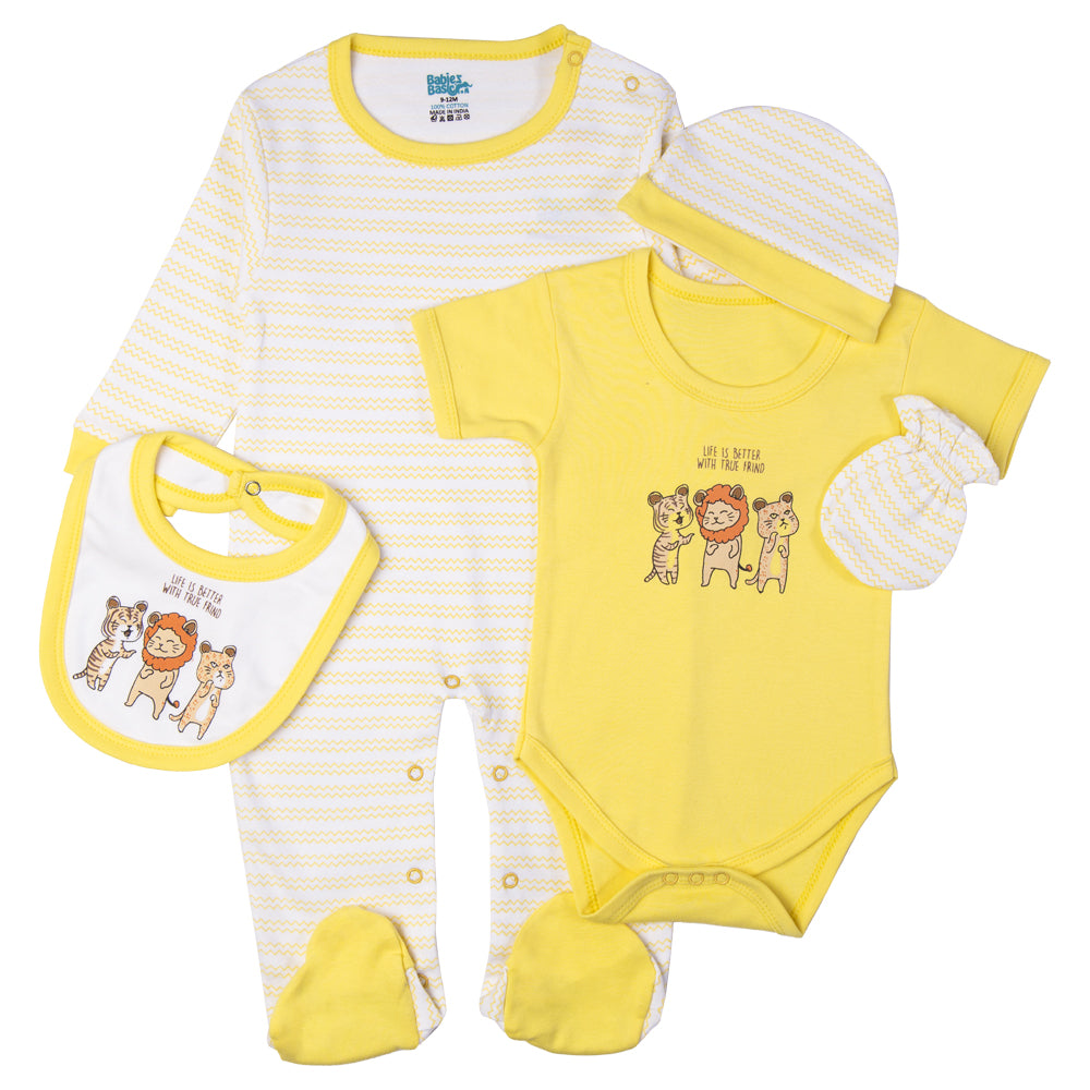 Babiesbasic 5 piece cotton Set include Bib, Romper, Mittens, cap and Sleepsuit- Life is Better, 9-12 Months , Yellow