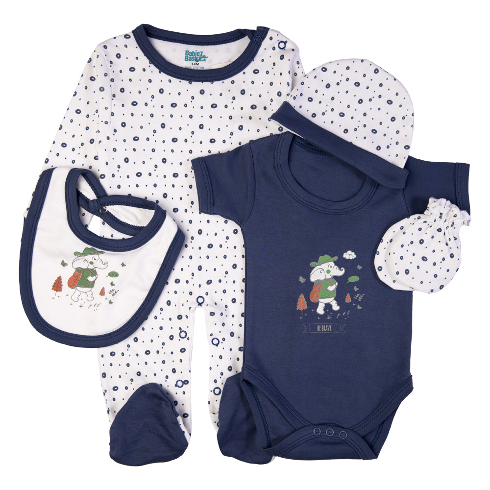 Babiesbasic 5 piece cotton Set include Bib, Romper, Mittens, cap and Sleepsuit- Be Brave, 9-12 Months , Blue