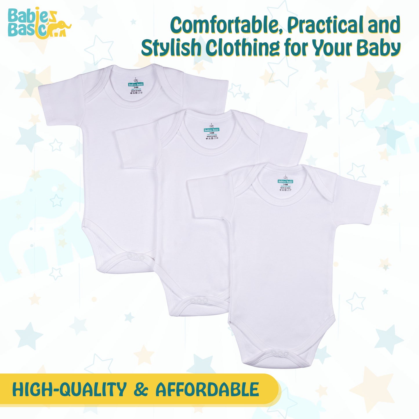 BabiesBasic 100% Super Combed Cotton, Short Sleeves Romper/Bodysuit, for New Born to 24months. Set of 3 - White, 3-6 Months