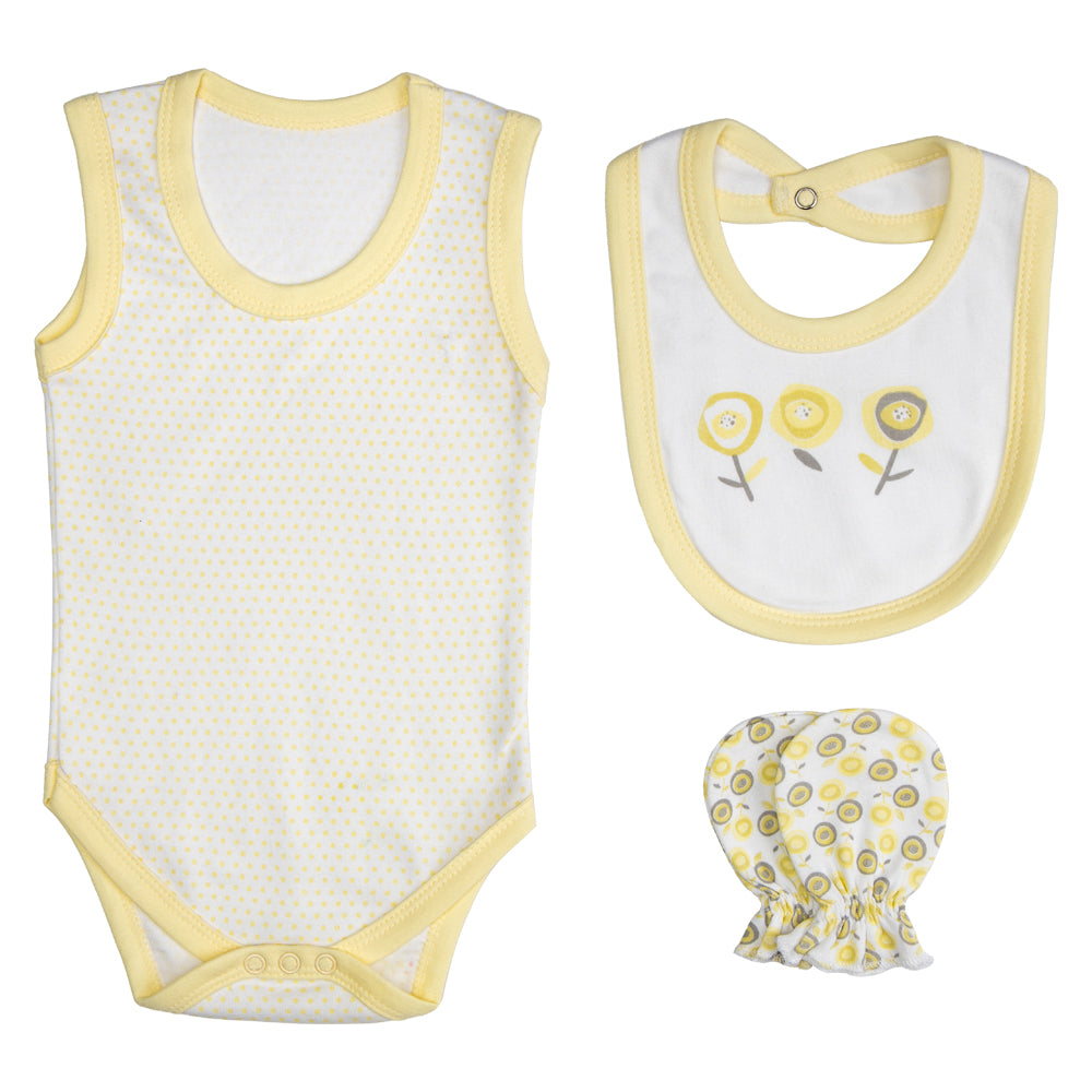 BabiesBasic 7 piece cotton Set include bib, blanket, mitten, cap, romper, top and bottom set, 3-6 Months , Yellow