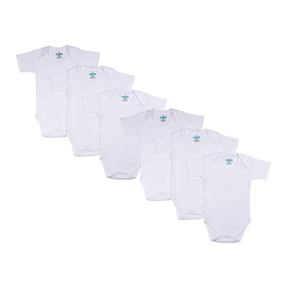 BabiesBasic 100% Super Combed Cotton, Short Sleeves Romper/Bodysuit, for New Born to 24months. Set of 6 - White, 6-9 Months