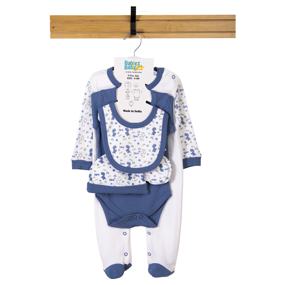 Babiesbasic 5 piece cotton Set include Bib, Romper, Mittens, cap and Sleepsuit- Be Happy, 9-12 Months , Blue