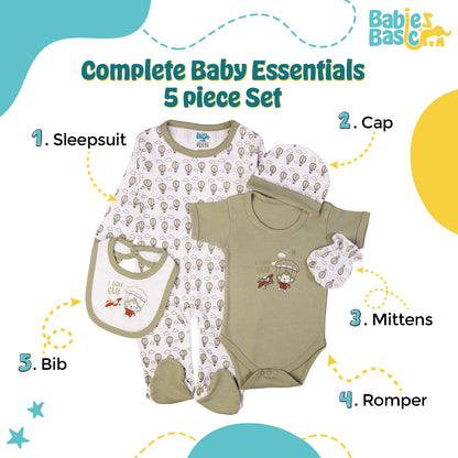 Babiesbasic 5 piece cotton Set include Bib, Romper, Mittens, cap and Sleepsuit- I can Fly, 6-9 Months , Green