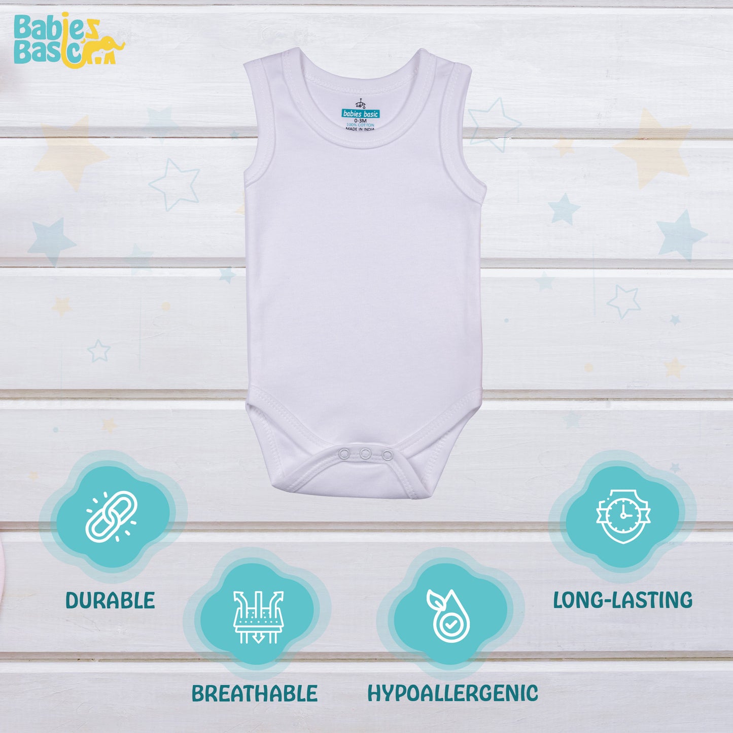 BabiesBasic 100% Super Combed Cotton, SleeveLess Romper/Bodysuit, for New Born to 24months. Set of 6 - White, 0-3 Months