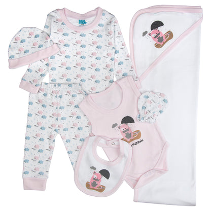 BabiesBasic 7 piece unisex 100% cotton Gift Set include bib, blanket, mitten, cap, romper, top and bottom set, 9-12 Months , Pink