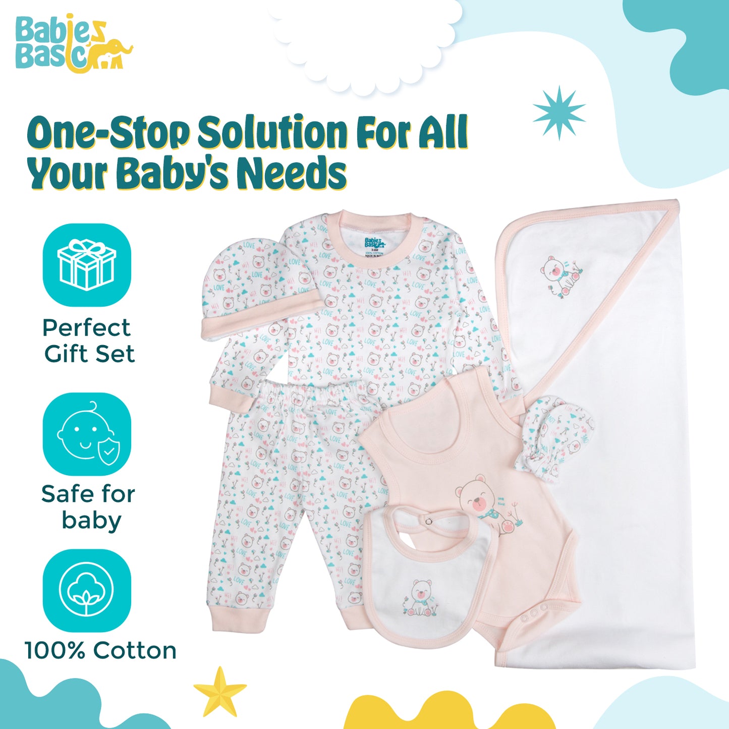 BabiesBasic 7 piece unisex 100% cotton Gift Set include bib, blanket, mitten, cap, romper, top and bottom set, 6-9 Months , Pink