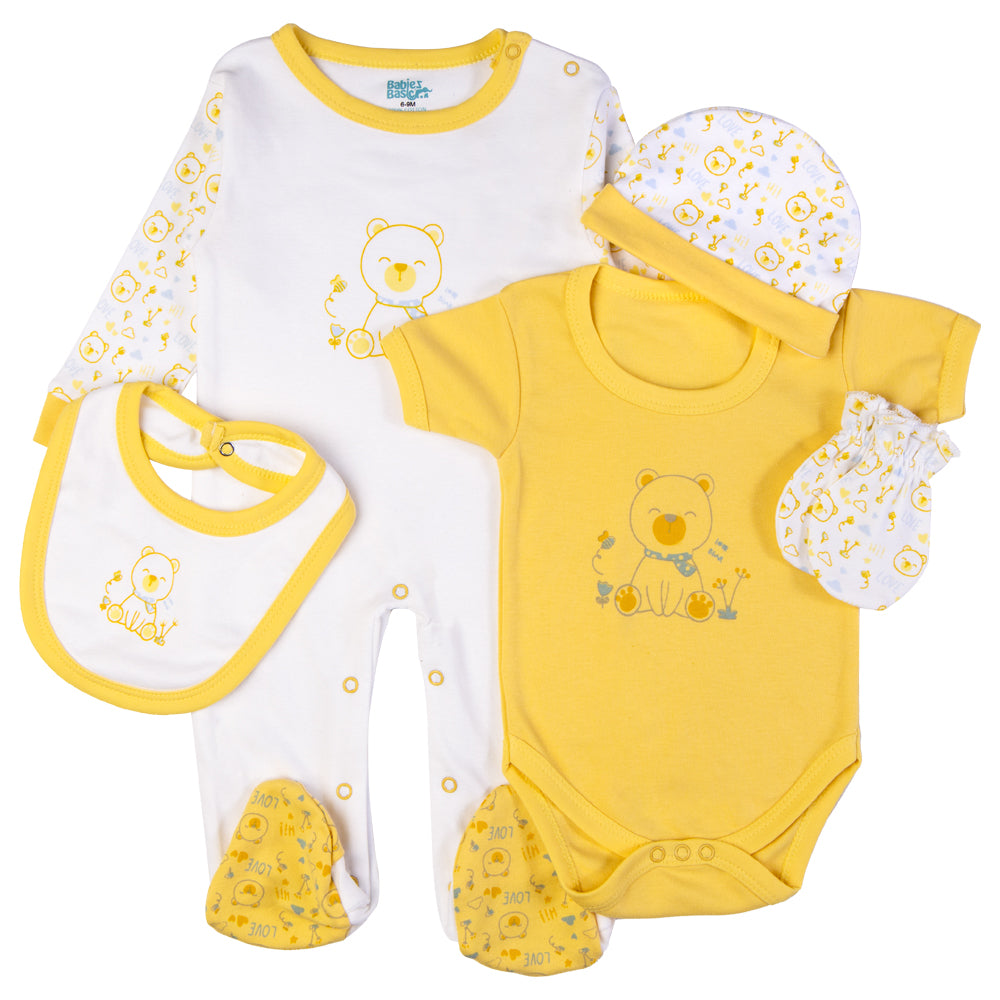 Babiesbasic 5 piece cotton Set include Bib, Romper, Mittens, cap and Sleepsuit- Teddy, 3-6 Months , Yellow