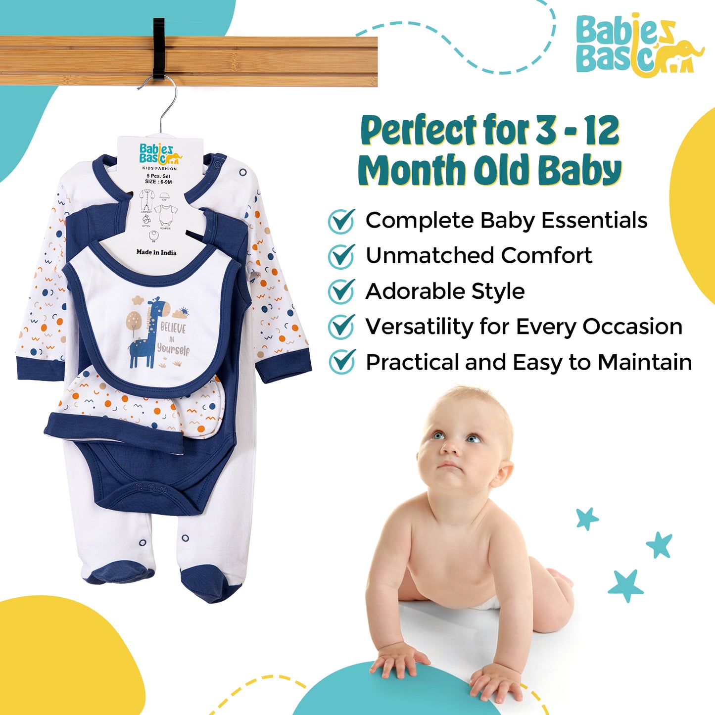 Babiesbasic 5 piece cotton Set include Bib, Romper, Mittens, cap and Sleepsuit- Believe in Yourself, 9-12 Months , Blue