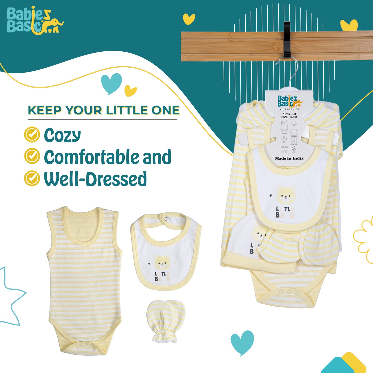 BabiesBasic 7 piece unisex 100% cotton Set include bib, socks, mitten, cap, romper, top and bottom set, 9-12 Months , Yellow