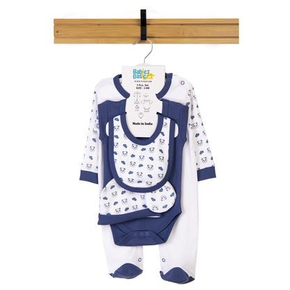 Babiesbasic 5 piece cotton Set include Bib, Romper, Mittens, cap and Sleepsuit- Sleepy Panda, 6-9 Months , Blue