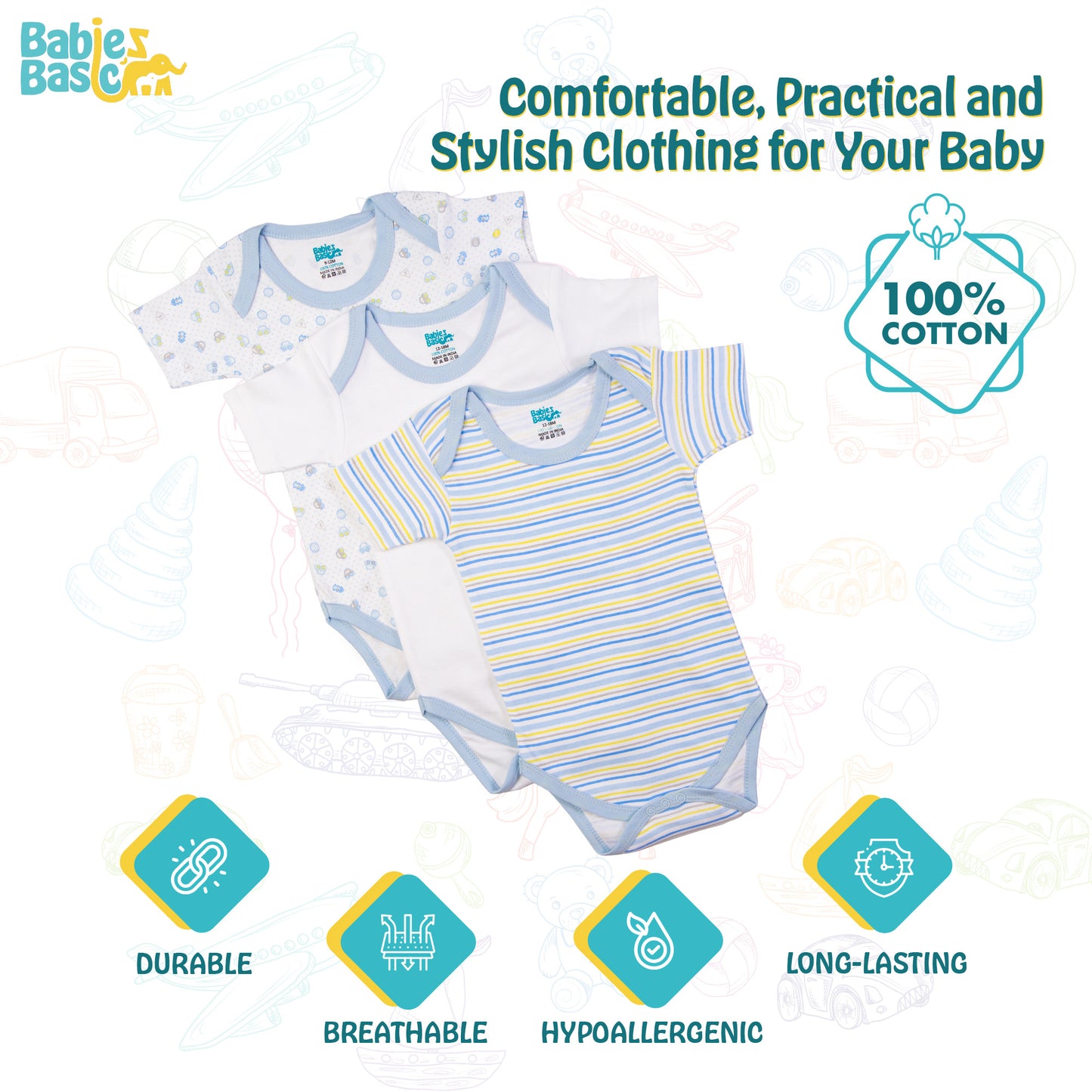 Babies Basic Printed Romper - Pack of 3, 0-3 Months , Multi Color