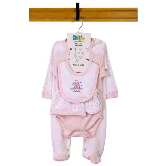 Babiesbasic 5 piece cotton Set include Bib, Romper, Mittens, cap and Sleepsuit- Hello Autumn, 3-6 Months , Pink