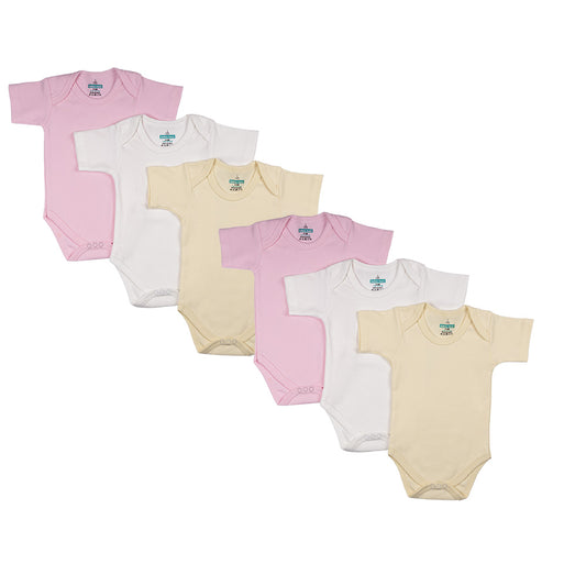 BabiesBasic 100% Super Combed Cotton, Short Sleeves Romper/Bodysuit, Set of 6 - Pink, Lemon, Cream, 0-3 Months