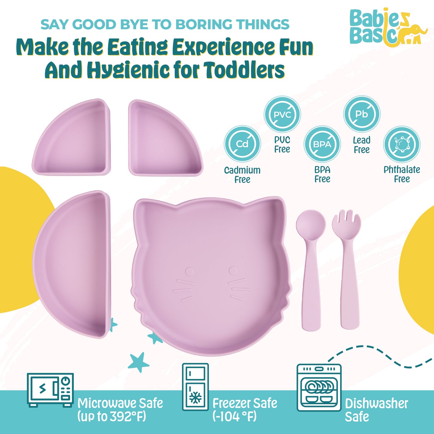 BabiesBasic Feeding Set with removable sections , 3 Piece Cat Set with Silicone Plate, Spoon and Fork - Purple