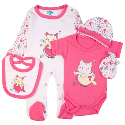 Babiesbasic 5 piece cotton Set include Bib, Romper, Mittens, cap and Sleepsuit- Meowmaid, 6-9 Months , Red