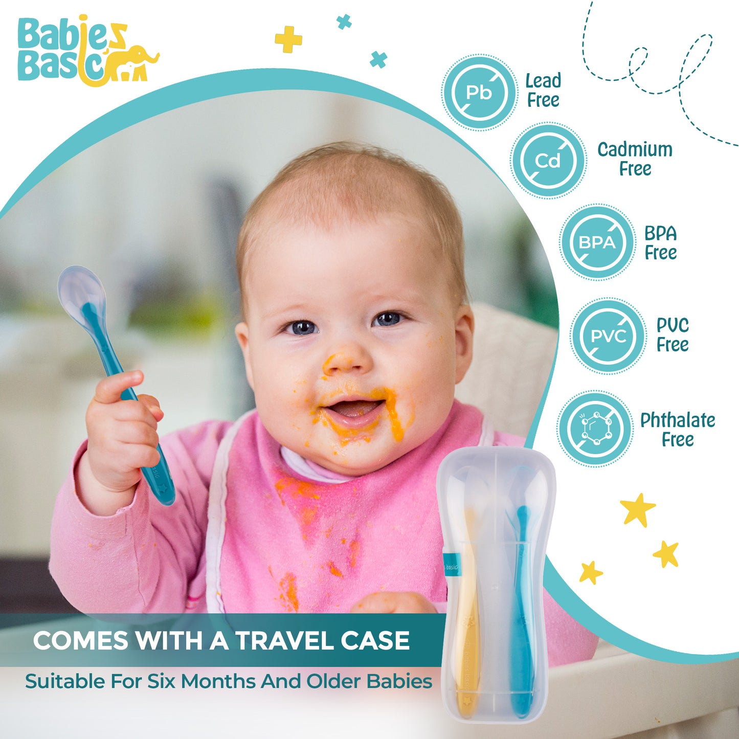 BabiesBasic Spoon Set with Travel Case, Set of 2, Suitable for 9M+ - Yellow & Blue