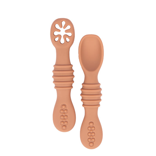 BabiesBasic Soft Tip BPA Free Silicone First Stage Training Spoon with Masher- Brown