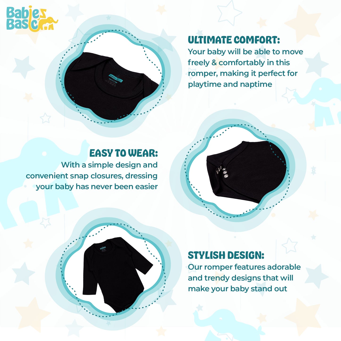 BabiesBasic 100% Super Combed Cotton, Long Sleeves Romper/Bodysuit, Set of 3 - Black, Navy,Grey, 9-12 Months