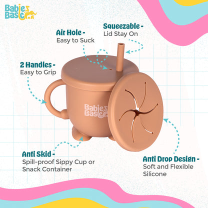 BabiesBasic Multi Purpose 2 in 1 Silicone Cup with Straw or a Snack Lid - Brown