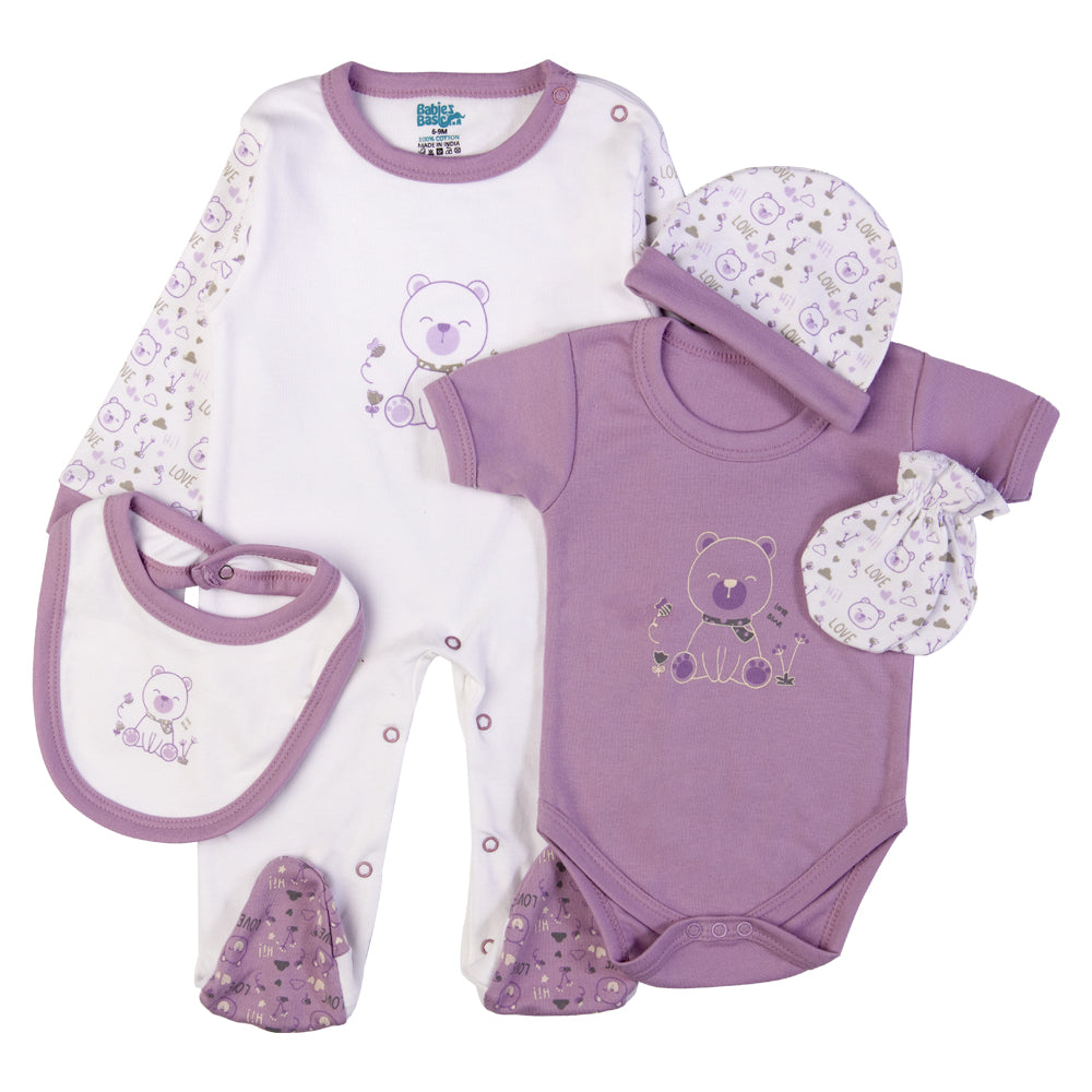 Babiesbasic 5 piece cotton Set include Bib, Romper, Mittens, cap and Sleepsuit- Teddy, 3-6 Months , Dark Mouve