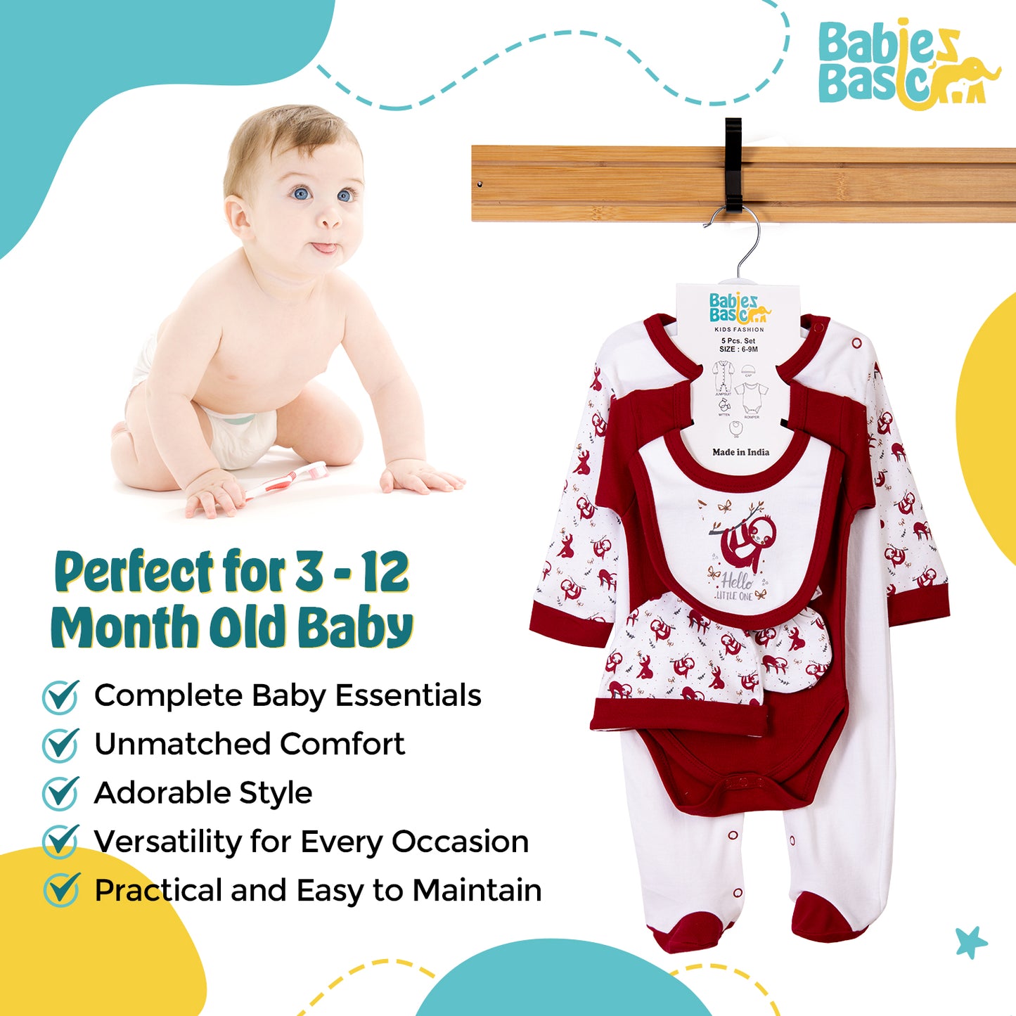 Babiesbasic 5 piece cotton Set include Bib, Romper, Mittens, cap and Sleepsuit- Hello Little One, 3-6 Months , Red