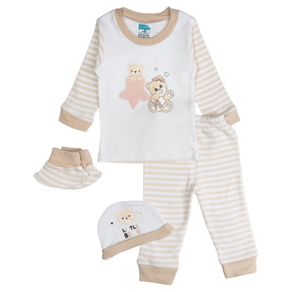 BabiesBasic 7 piece unisex 100% cotton Set include bib, socks, mitten, cap, romper, top and bottom set, 6-9 Months , Brown