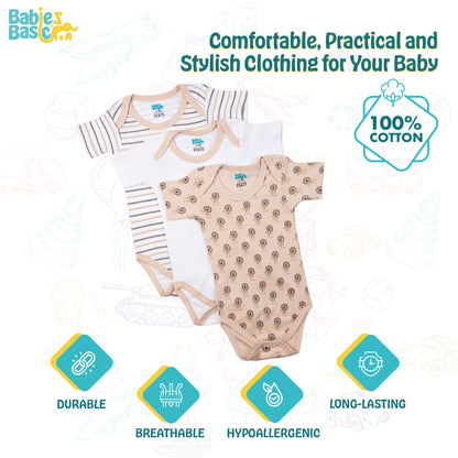 Babies Basic Printed Romper - Pack of 3, 9-12 Months , Multi Color