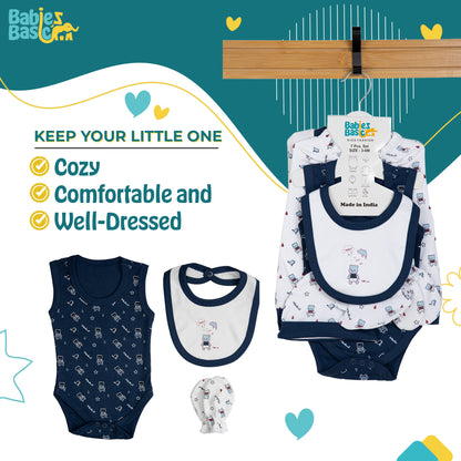 BabiesBasic 7 piece unisex 100% cotton Set include bib, socks, mitten, cap, romper, top and bottom set, 3-6 Months , Blue