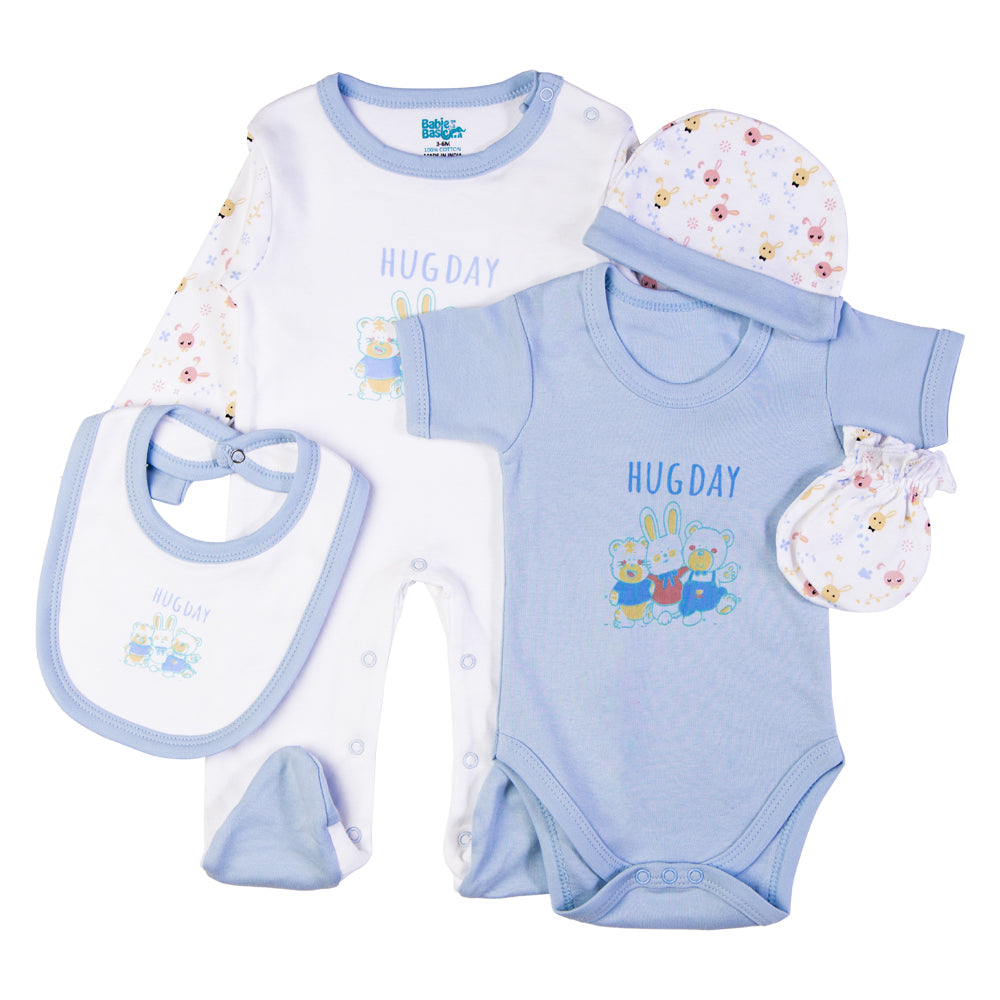 Babiesbasic 5 piece cotton Set include Bib, Romper, Mittens, cap and Sleepsuit- Hug Day, 6-9 Months , Blue