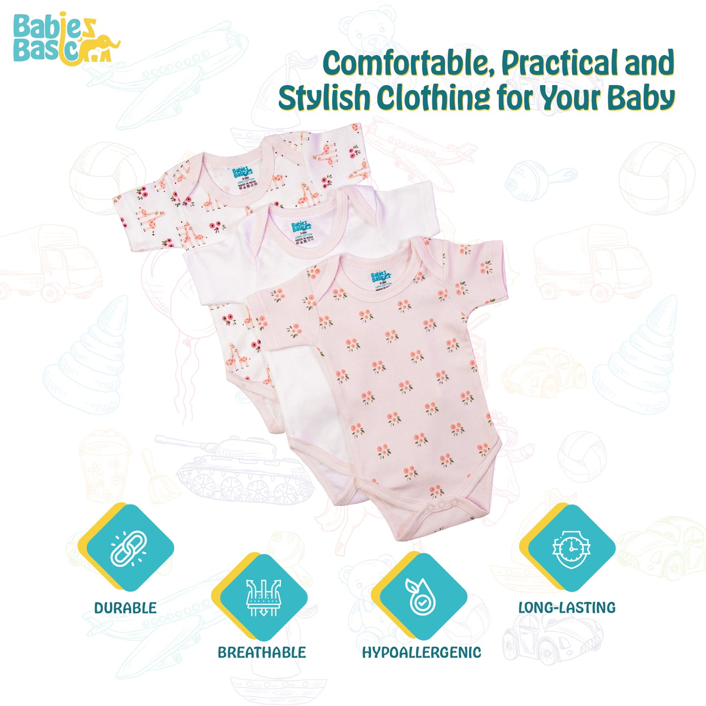 Babies Basic Printed Romper - Pack of 3, 3-6 Months , Multi Color