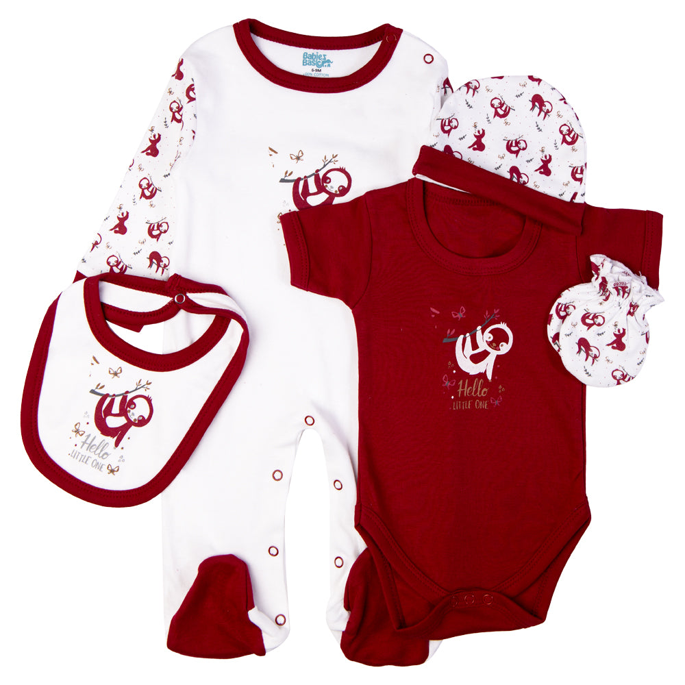 Babiesbasic 5 piece cotton Set include Bib, Romper, Mittens, cap and Sleepsuit- Hello Little One, 3-6 Months , Red