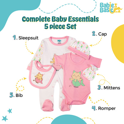 Babiesbasic 5 piece cotton Set include Bib, Romper, Mittens, cap and Sleepsuit- Meowmaid, 3-6 Months , Pink