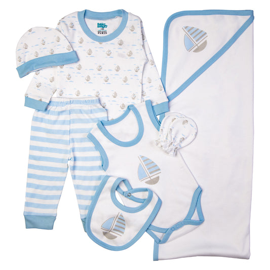 BabiesBasic 7 piece unisex 100% cotton Gift Set include bib, blanket, mitten, cap, romper, top and bottom set, 9-12 Months , Blue