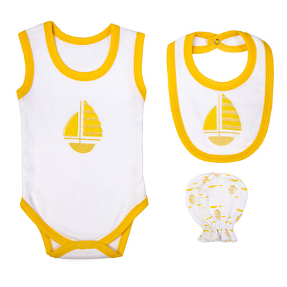 BabiesBasic 7 piece cotton Set include bib, blanket, mitten, cap, romper, top and bottom set, 9-12 Months , Yellow