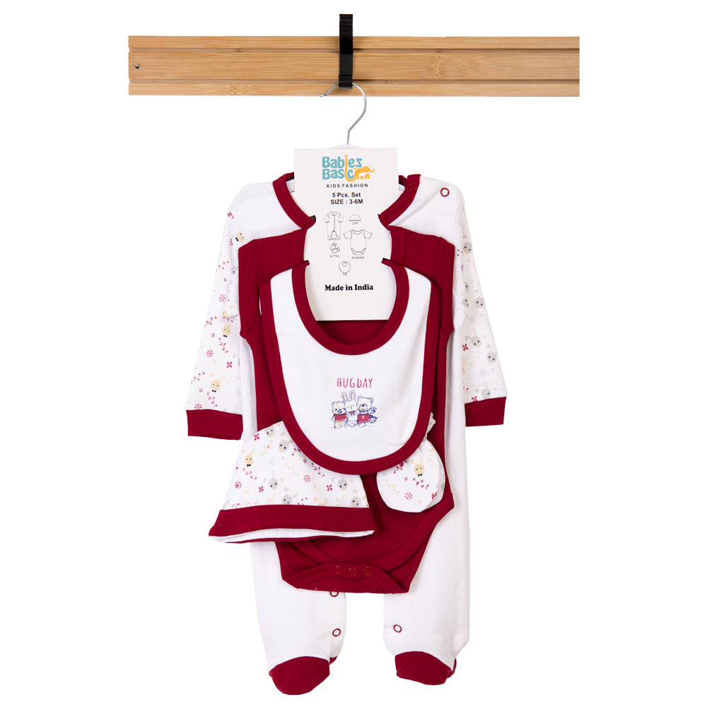 Babiesbasic 5 piece cotton Set include Bib, Romper, Mittens, cap and Sleepsuit- Hug Day, 6-9 Months , Red