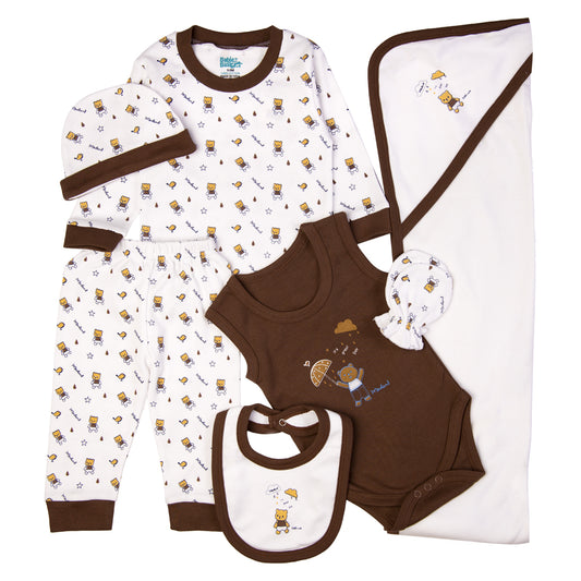 BabiesBasic 7 piece cotton Set include bib, blanket, mitten, cap, romper, top and bottom set, 9-12 Months , Brown