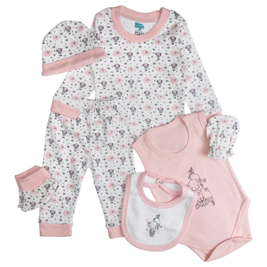 BabiesBasic 7 piece unisex 100% cotton Set include bib, socks, mitten, cap, romper, top and bottom set, 9-12 Months , Pink