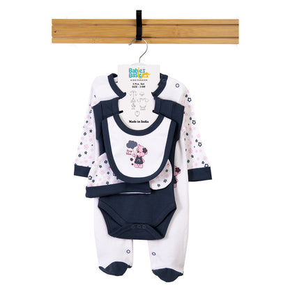 Babiesbasic 5 piece cotton Set include Bib, Romper, Mittens, cap and Sleepsuit- Always be brave, 9-12 Months , Blue