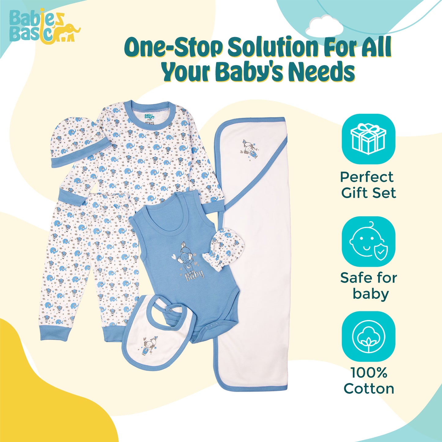 BabiesBasic 7 piece unisex 100% cotton Gift Set include bib, blanket, mitten, cap, romper, top and bottom set, 3-6 Months , Blue