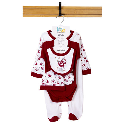 Babiesbasic 5 piece cotton Set include Bib, Romper, Mittens, cap and Sleepsuit- Hello Little One, 6-9 Months , Red